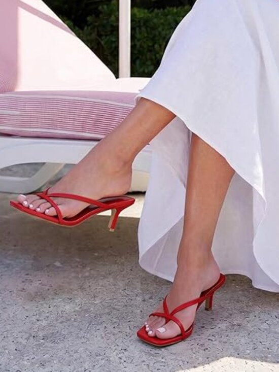 branded Shoes - Kitten Heels for Women Flip Flops Slip on Low Heels Open Square Toe Thong Heeled
